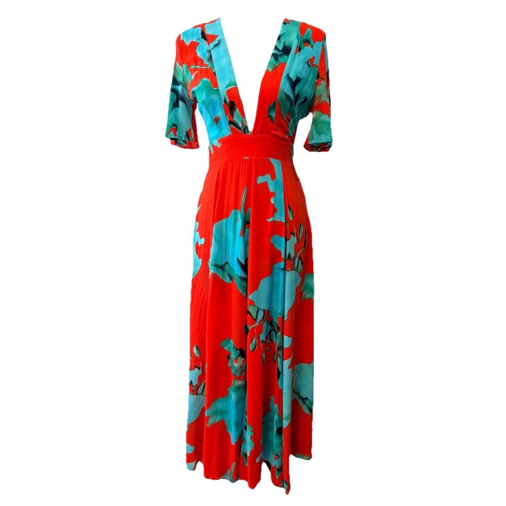 Dress On the Road Maxi Dress Temptress Red Blue Floral XS Kimono‎ Sleeve V-neck